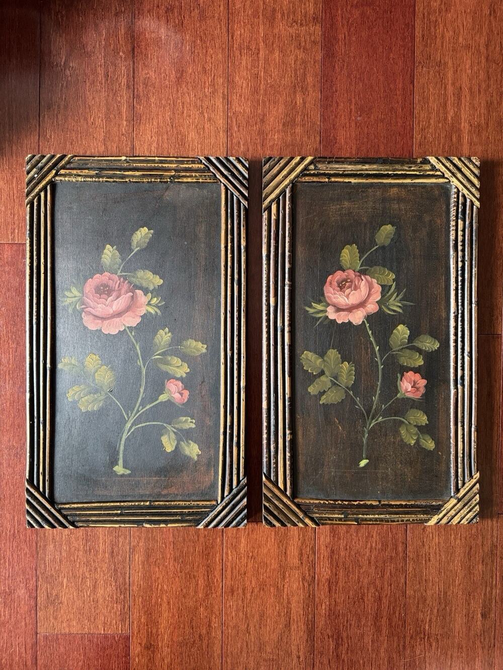 Vintage‎ Hand Painted Pink Rose Floral Panel Set 2 Dark Wood Bamboo Frame Wall